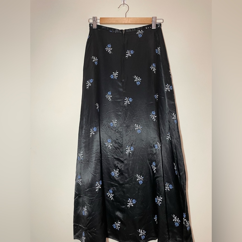 Vintage Satin Black Maxi Skirt with Blue Flower Pattern